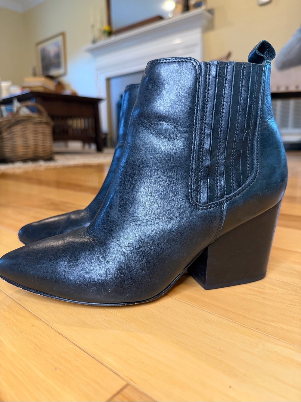 ABLE Black Leather Western Pointed Toe Block Heel Booties Size 7